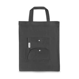 A foldable bag in grey made from cotton, recycled cotton, and polyester, featuring a front pocket and a logo.
