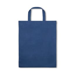 A foldable bag in dark blue made from cotton, recycled cotton, and polyester, featuring handles and a logo.
