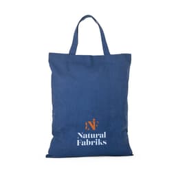 A navy blue foldable bag made from cotton and recycled materials, featuring handles and a logo.