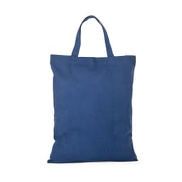 A foldable bag in navy blue made from cotton, recycled cotton, and polyester, featuring sturdy handles and a minimal design.