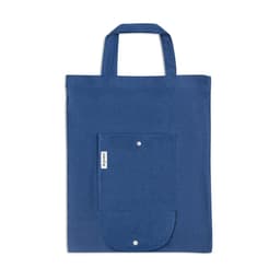 A blue foldable bag made of cotton, recycled cotton, and polyester, featuring a front pocket and a logo.