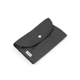 A foldable bag in dark grey made of cotton, recycled cotton, and polyester, featuring a snap closure and a logo.