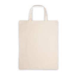 A foldable bag in natural beige, made from cotton, recycled cotton, and rPET, featuring shoulder handles and no design.