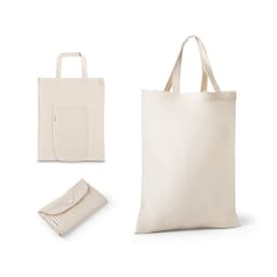 A foldable bag made from beige cotton, recycled cotton, and polyester, featuring a pocket and a logo.