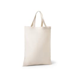 A cream, foldable bag made of cotton, recycled cotton, and polyester, featuring sturdy handles and no visible branding.