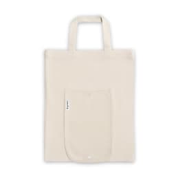 A foldable bag in cream, made from cotton, recycled cotton, and polyester, featuring a front pocket and handles.