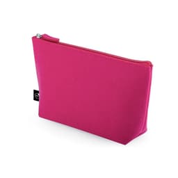 A pink multi-purpose bag made of recycled felt with a zip closure and a logo tag.