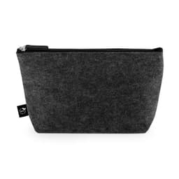 A grey multi-purpose bag made of recycled felt with a zip closure and a small branding label.