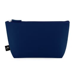 A navy blue multi-purpose bag made of recycled felt, featuring a zip closure and a small logo tag.