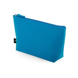 A turquoise multi-purpose bag made of recycled felt, featuring a zip closure and a small branded tag.