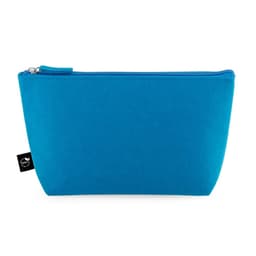 A blue multi-purpose bag made of recycled felt, featuring a zip closure and a logo.