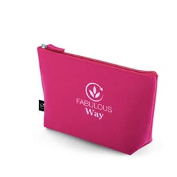 A pink multi-purpose bag made of recycled felt with a zip closure and branding on the front.