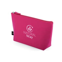 A pink multi-purpose bag made of recycled felt, featuring a zip closure and a logo on one side.