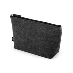 A multi-purpose bag in grey made of recycled felt, featuring a zip closure and a small branding tag.