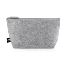 A grey multi-purpose bag made of recycled felt, featuring a zip closure and a small logo.