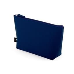 A navy blue multi-purpose bag made of recycled felt, featuring a zip closure and a logo.