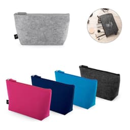 A multi-purpose bag made of recycled felt, available in grey, pink, navy, blue, and black, featuring a zip closure.