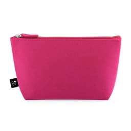 A pink multi-purpose bag made of recycled felt with a zip closure and a small branding logo.