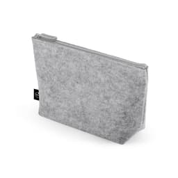 A grey multi-purpose bag made of recycled felt with a zip closure and a small logo tag.
