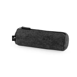 A grey, cylindrical multi-purpose case made of recycled felt with a zip closure and a logo.