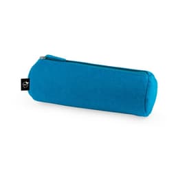 A blue multi-purpose case made of recycled felt, featuring a zip closure and a logo on the side.