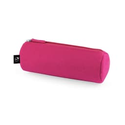 A pink, multi-purpose case made of recycled felt with a zip closure and a branding logo.
