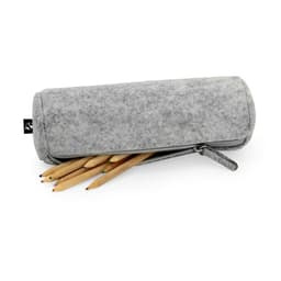 A grey cylindrical case made of recycled felt, partially filled with coloured pencils and featuring a logo.