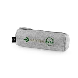 A grey multi-purpose case made of recycled felt, featuring a logo and a zip closure.