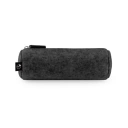 A cylindrical grey case made of recycled felt, featuring a zip closure and a branding logo.