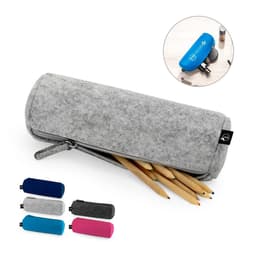 A grey multi-purpose case made of recycled felt, featuring a zip closure and filled with coloured pens and pencils.