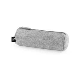 A grey, cylindrical multi-purpose case made of recycled felt, featuring a zip closure and a branding label.