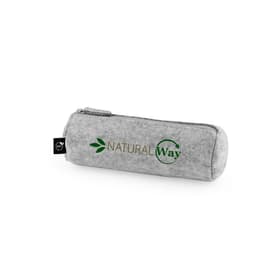 A grey multi-purpose case made of recycled felt, featuring a logo and a zip closure.