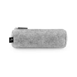 A grey multi-purpose case made of recycled felt, featuring a zip closure and a logo.