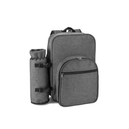 A grey picnic cooler backpack with a side drink bottle holder and a front zip pocket. Features a logo.
