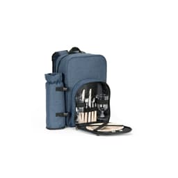 A navy blue picnic cooler backpack featuring utensils, plates, glasses, and a drink holder, with a logo present.