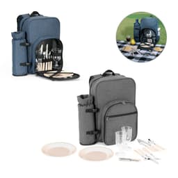 A grey and blue picnic cooler backpack, featuring utensils, plates, and glasses, with a logo on the front.