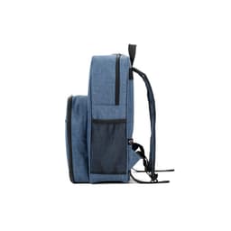 A blue cooler backpack made from 600D high-density recycled polyester, featuring a side mesh pocket and zippers.