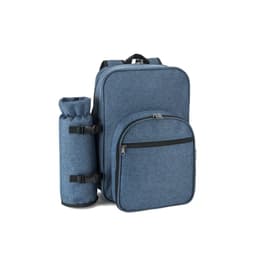 A blue picnic cooler backpack made from 600D high-density recycled polyester, featuring a drink bottle holder and zippers.