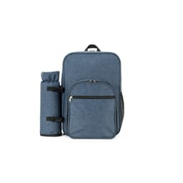 A blue picnic cooler backpack with a drink holder on the side and a front zip pocket. Features branding.