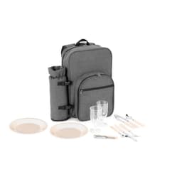 A grey picnic cooler backpack with plates, glasses, cutlery, and a wine bottle holder. It features a logo.