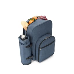 A blue cooler backpack with a drink bottle holder, baguette, and fresh fruit on top. Features a logo.