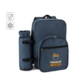 A navy blue picnic cooler backpack with a side drink holder and a front zip pocket, featuring a logo.