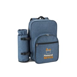 A blue cooler backpack featuring a large main compartment and a side drink bottle holder, with branding included.