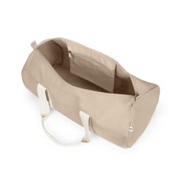 A beige duffle bag made of recycled cotton and polyester, featuring a zipper and handles, with a spacious interior.