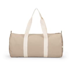 A beige duffle bag made from recycled cotton and polyester, featuring a logo and sturdy handles.