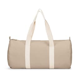 A beige duffle bag made from recycled cotton and polyester, featuring sturdy white handles and a zip closure.