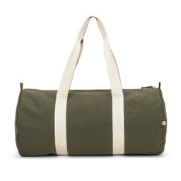 A duffle bag in olive green made of recycled cotton and recycled polyester, featuring cream-coloured handles and a logo.