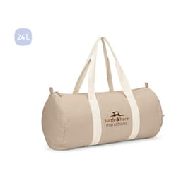 A beige duffle bag made from recycled materials, featuring a logo and cream-coloured handles.