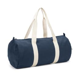 A navy duffle bag made from recycled cotton and recycled polyester, featuring beige handles and a zip closure.