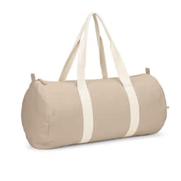 A beige duffle bag made from recycled cotton and polyester, featuring sturdy handles and a zip closure.